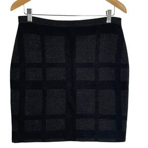 Eileen Fisher Merino Wool Windowpane Knit Pencil Skirt Gray Black Size M